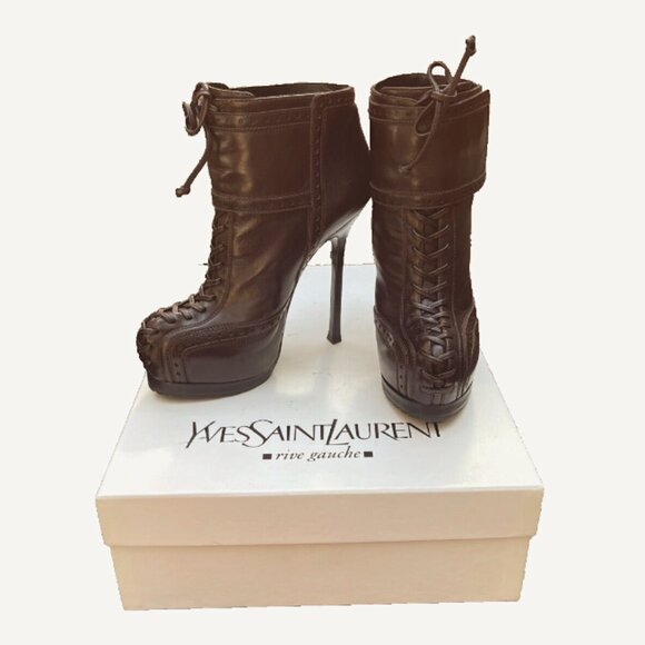 Auc YSL Tribtoo Brown Leather Platform Ankle Booties Boot 7,5 - Picture 3 of 14